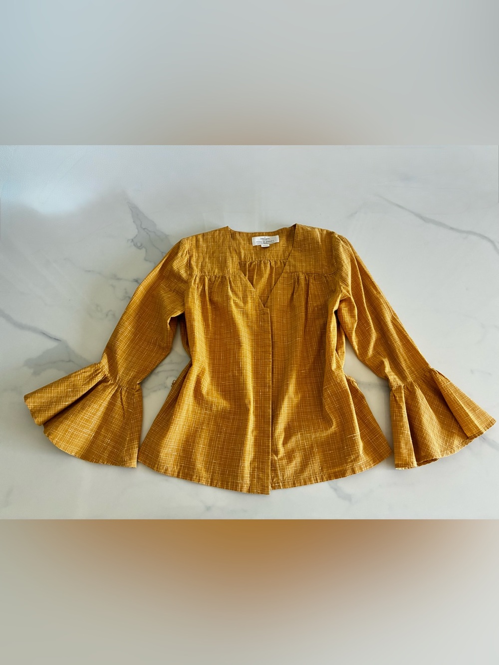 Trovata Mustard Textured V-Neck Bell Sleeve Blouse